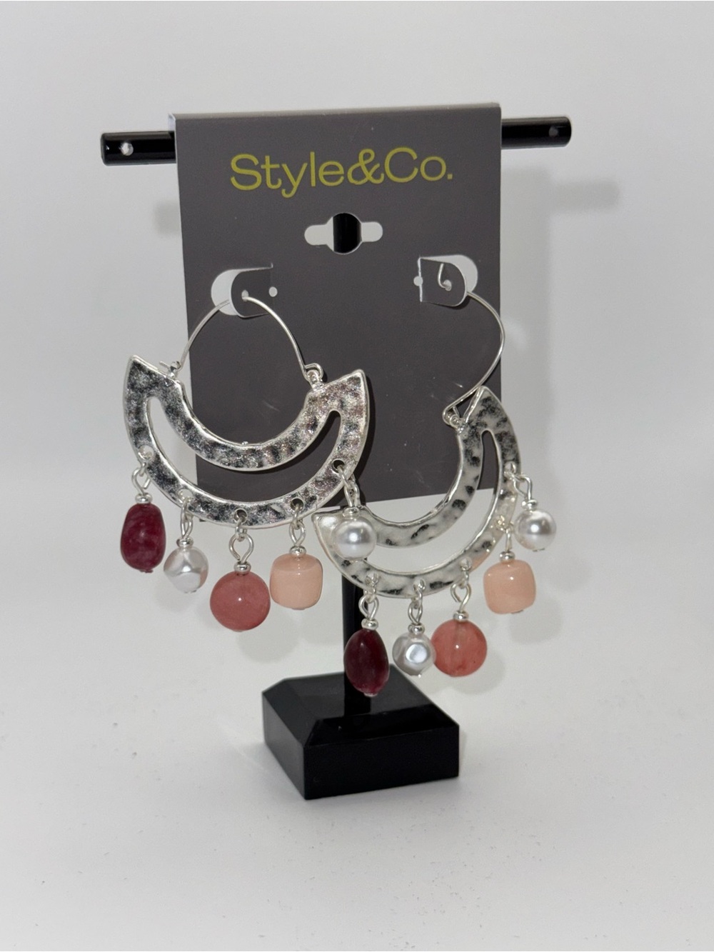 Style & Co. Silver-Tone Crescent Hoop Earrings with Pink and Red Beads
